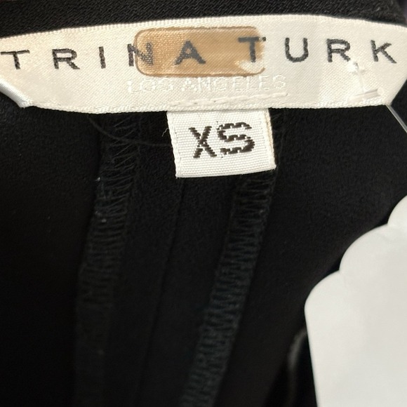 Trina Turk Black Split Neck Blouse XS Long Sleeve Tie Cuff Minimalist Style - Picture 8 of 10